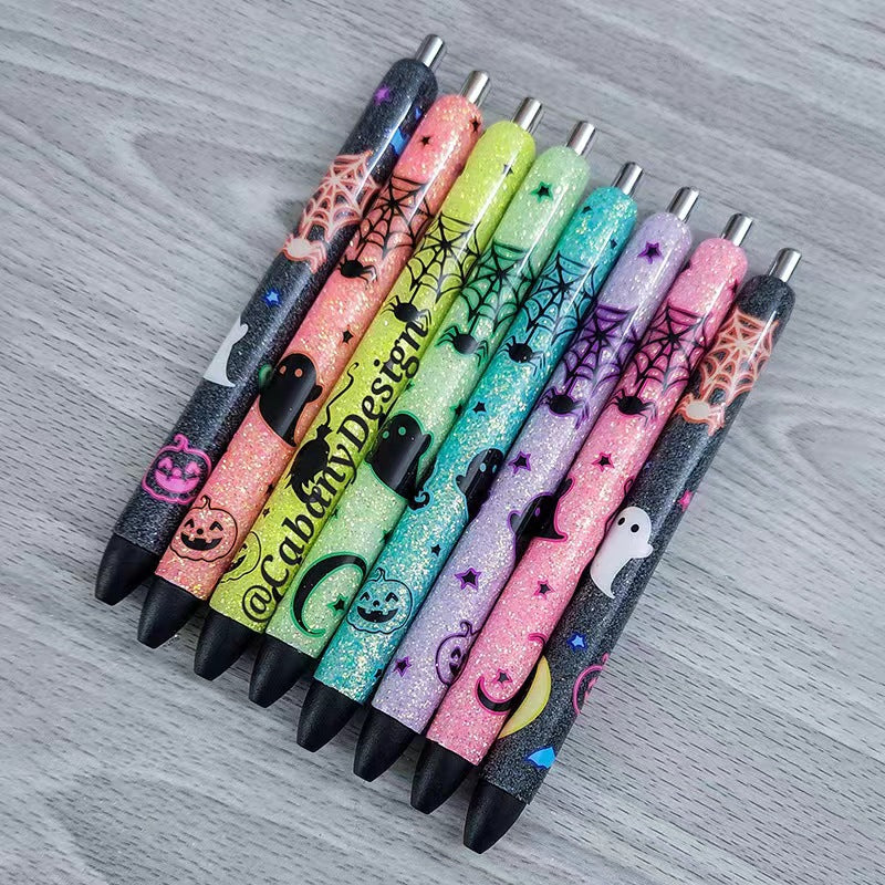 Wholesale 8pcs/PACK pens Halloween Glitter Pastel Flash Pumpkin Spider Pattern Colorful Clickable Ballpoint Pen