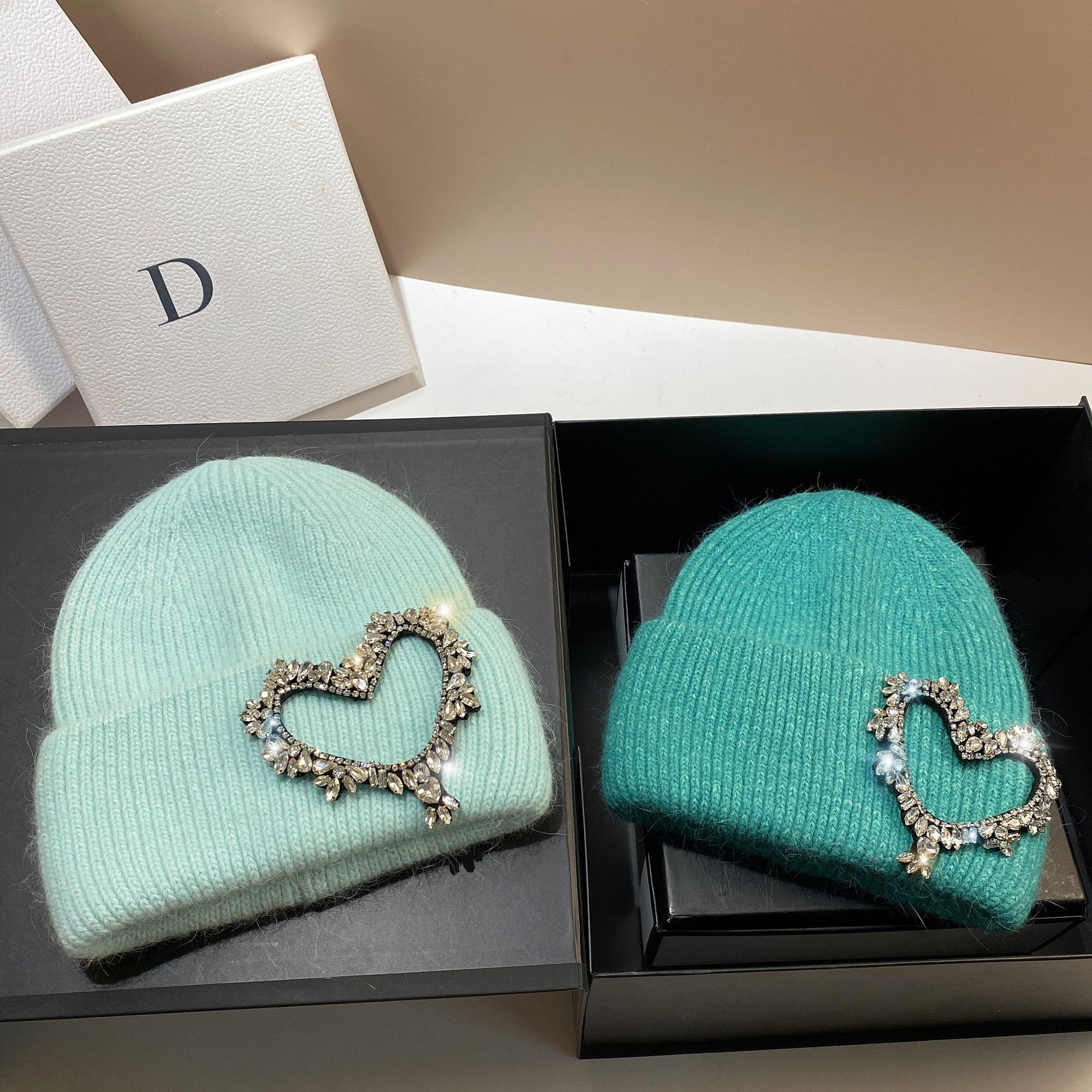 Wholesale Heavy Industry Hand Sewn Rhinestone Heart Rabbit Fur Earmuffs Knitted Hat
