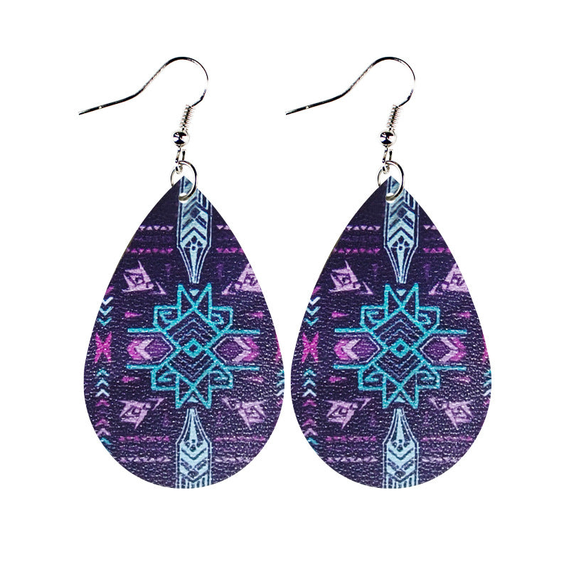 Wholesale Western Style Ethnic Totem Pattern Striped Leather Drop Shape Women's Earrings
