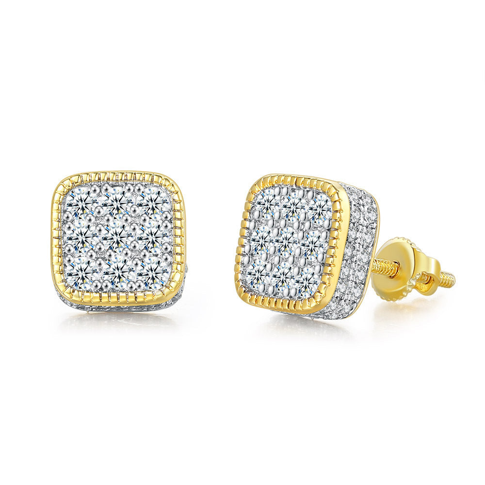 Wholesale Square Hip Hop Full Diamond Zircon Thread Earrings Stud Earrings
