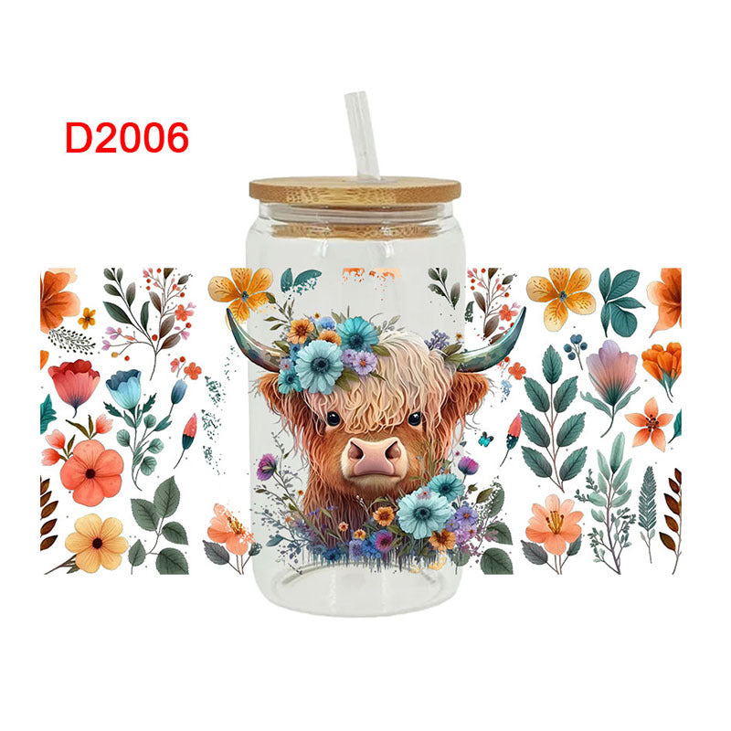 Wholesale Colorful Flower Cow   16oz Cup UV DTF Wraps