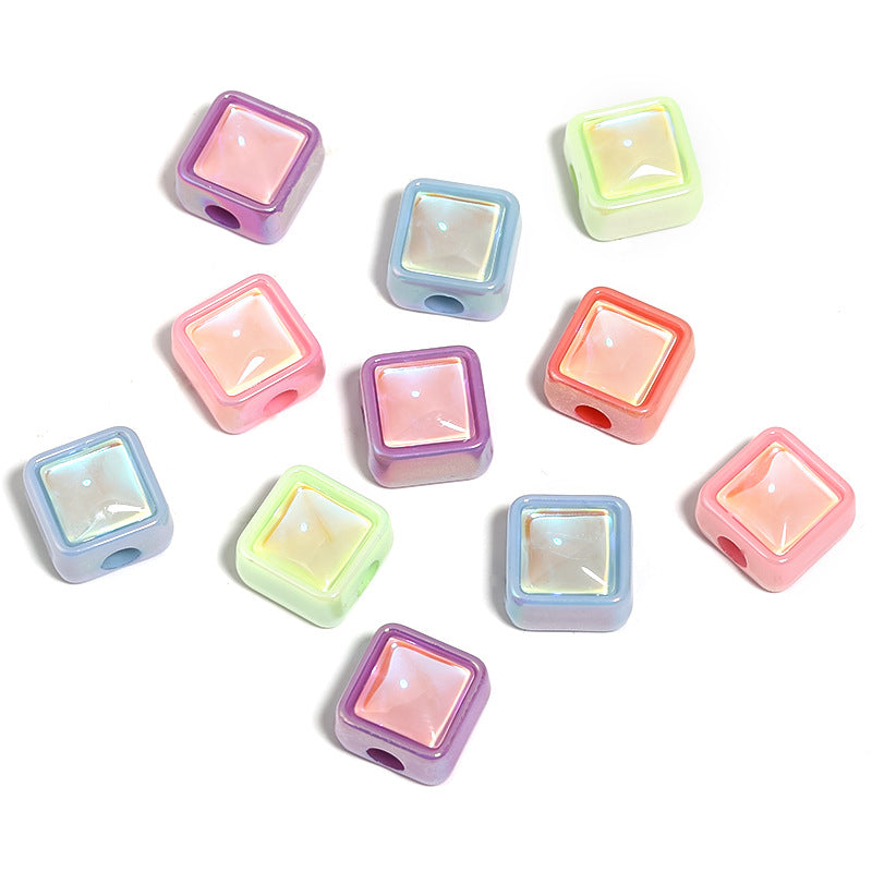 Wholesale 100pcs UV Plated Aurora Appliqué Diamond Flower Acrylic Square Loose Beads