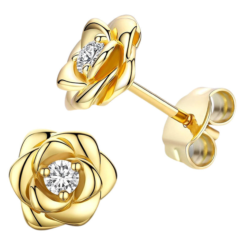 Wholesale Silver rose studded earrings with diamonds