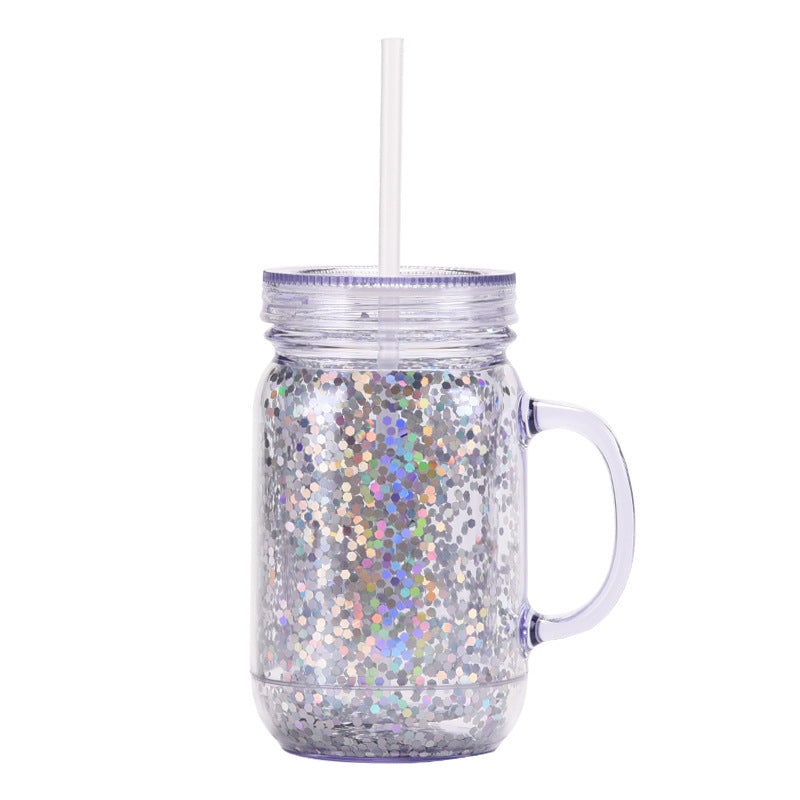 Wholesale Transparent Glitter Plastic Canned Cup with Handle Double Layer Plastic with Straw