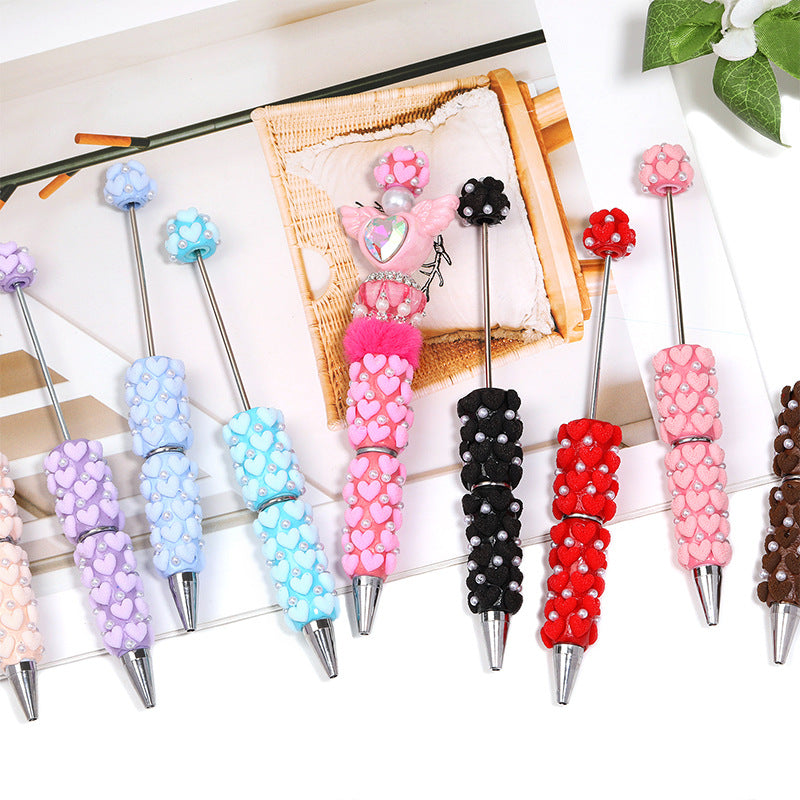 Wholesale 10pcs Colorful flocking heart-shaped pearl bead pen
