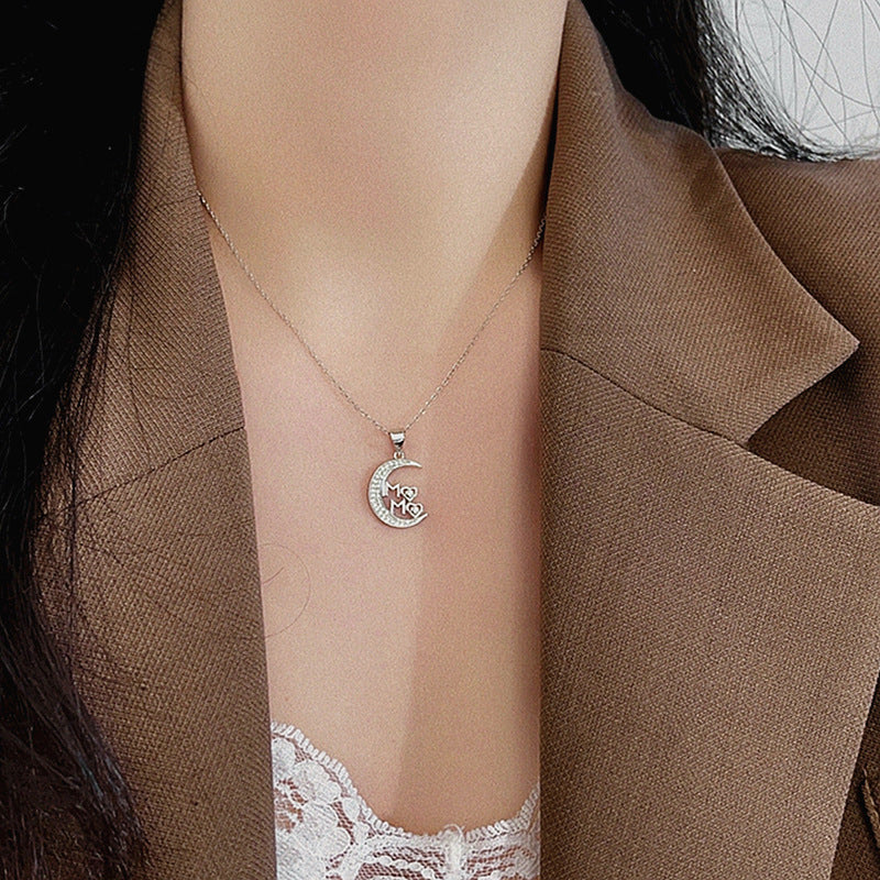 Wholesale S925 sterling silver diamond moon MAMA pendant necklace