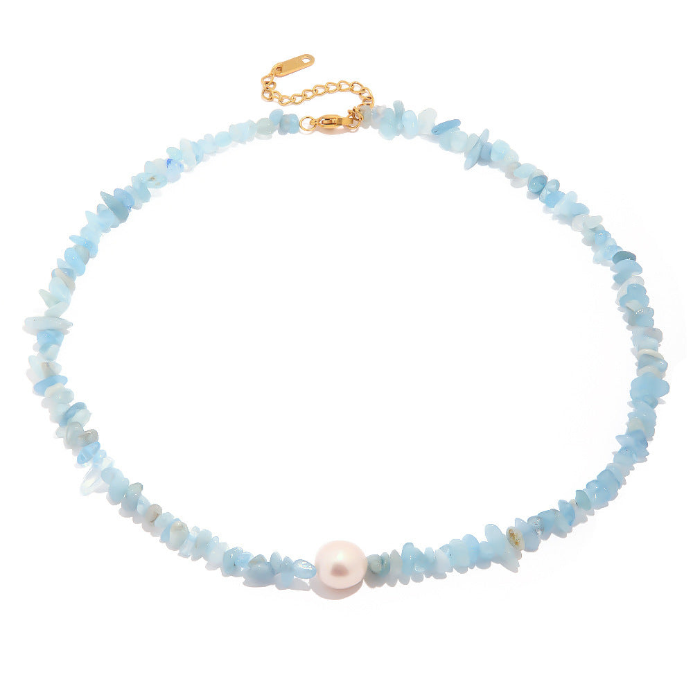 Wholesale Ocean Blue Gravel Pearl Titanium Steel Non-fading Necklaces