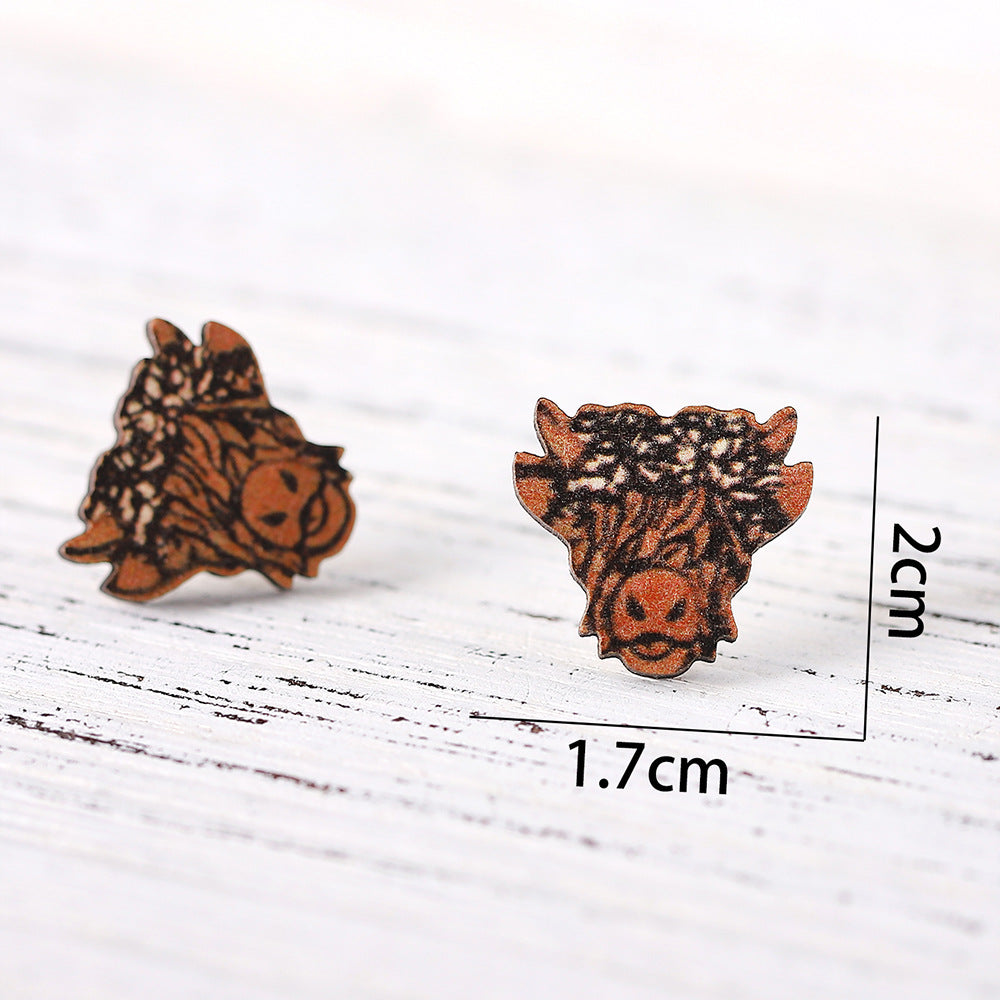 Wholesale  New Ethnic Western Denim Jewelry Dairy Pattern Love Cow Earrings Cute Wooden Earrings