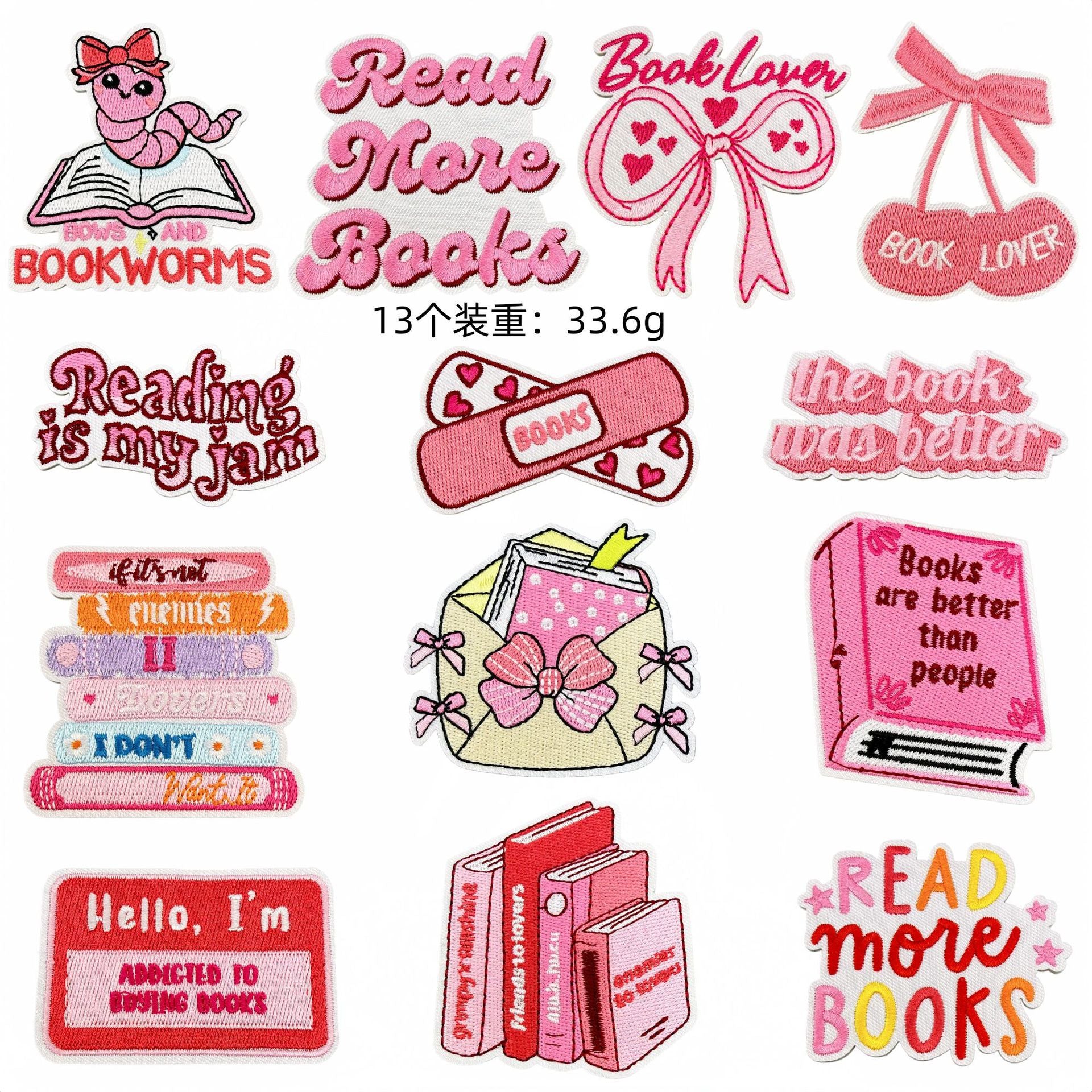 Wholesale Stylish Pink Reading Themed Iron On Embroidered Patches 23 Pack Decorative Accent For Bags Clothes