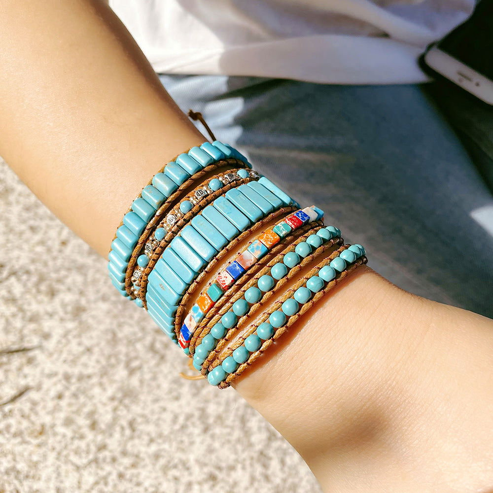 Wholesale Vintage hand-woven turquoise beaded bracelet rope women's multi-layer ethnic style winding bracelet