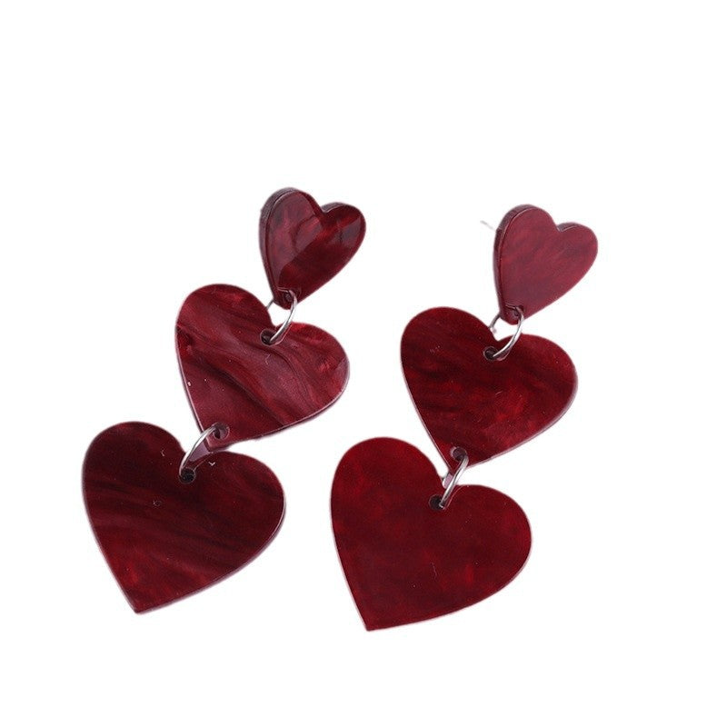 Wholesale Asymmetric long triple heart Acrylic Earrings