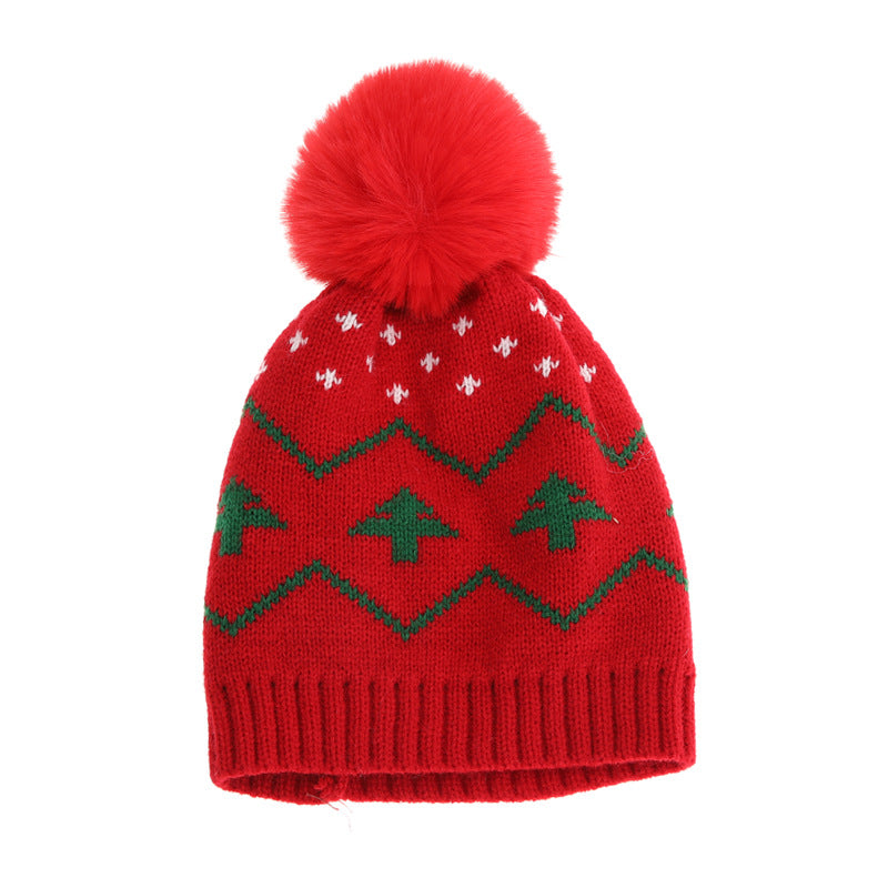 Wholesale Children's Warm Hat Fur Ball Christmas Tree Jacquard Knitted Hat