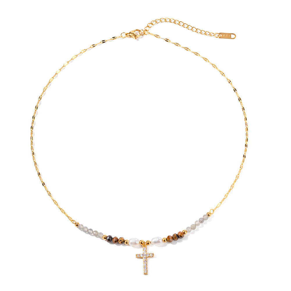 Wholesale Freshwater Pearl Inlaid Zirconium Cross Titanium Steel Necklace