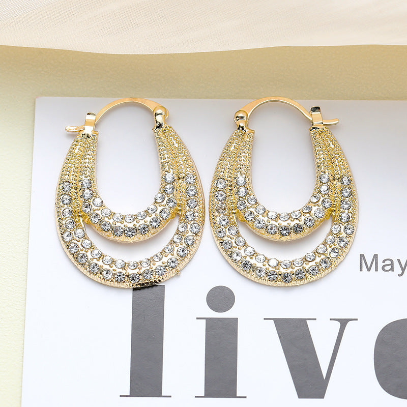 Wholesale Diamond Inlaid U-shaped Geometric Double-layer Metal Ear Buckle