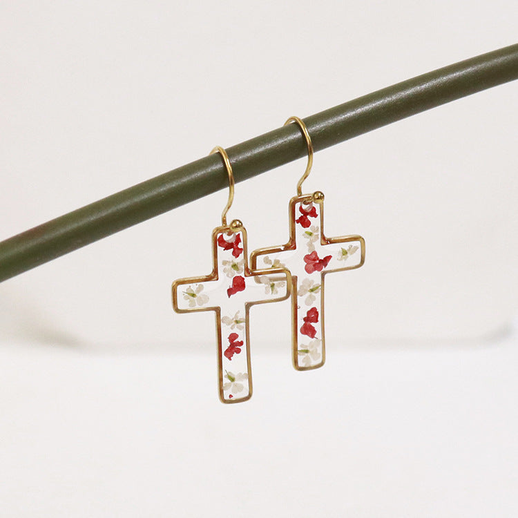 Wholesale 6pcs Resin Natural Dried Flower Cross Earrings