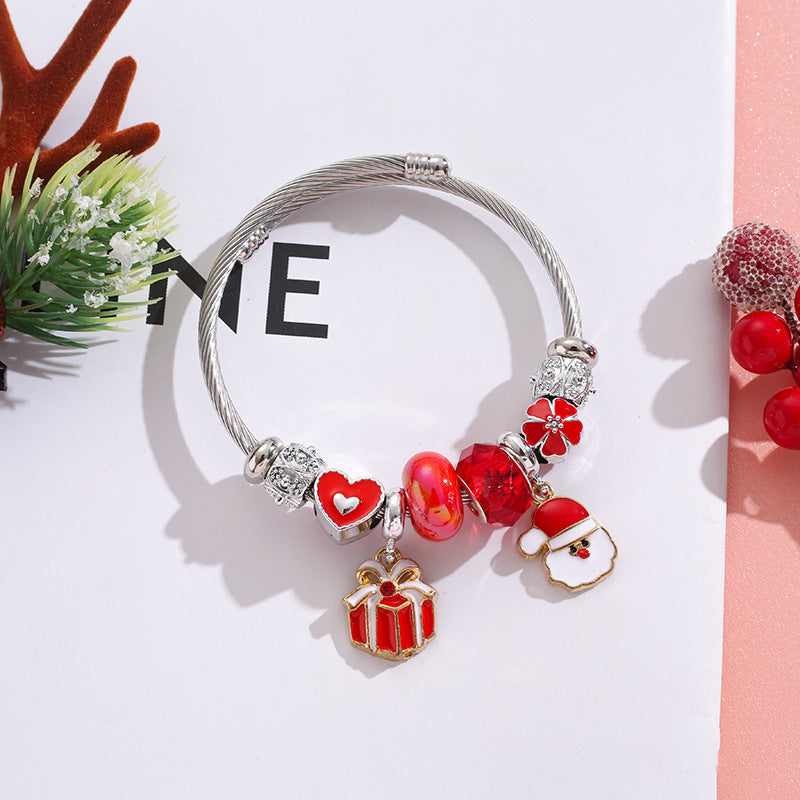 Wholesale Stainless Steel Christmas Tree Elk Snowflake Alloy Charm Beaded Bracelet