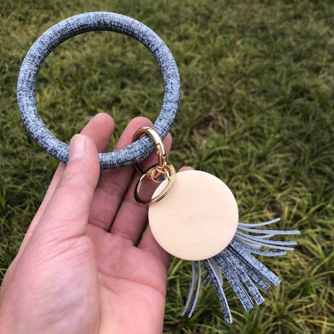 Wholesale Punk denim leather wristband tassel wooden pendant Wristlet Keychain