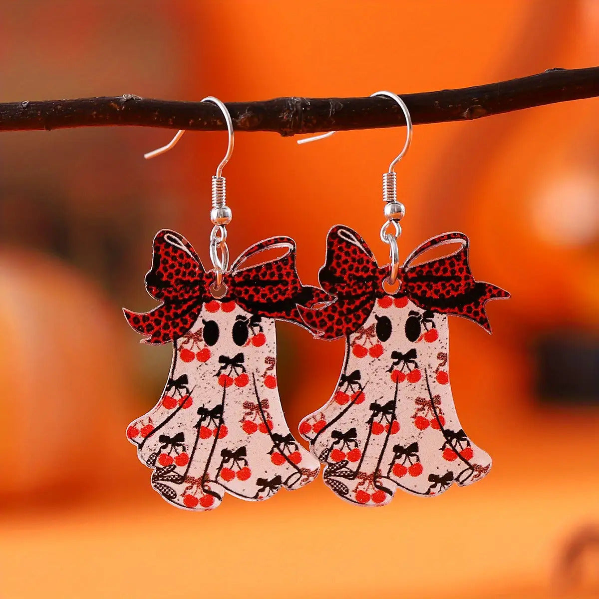 Wholesale  Gothic Ghost Earrings Set Acrylic Leopard Print Cherry Pendant Fashion Accessory Gift