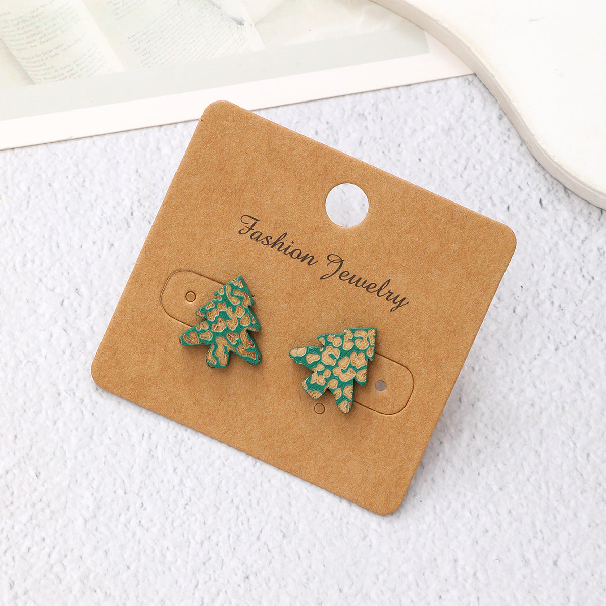 Wholesale Christmas Carved Leopard Pattern Christmas Tree Wooden Earrings