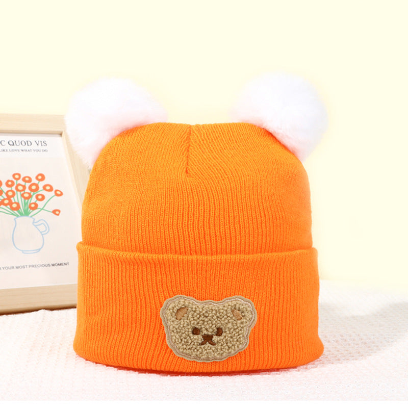 Wholesale Children's Fur Ball Knitted Hat Bear Embroidered Warm Woolen Hat