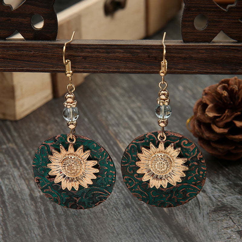 Wholesale Bohemian color separated double-layer sunflower patterned earrings
