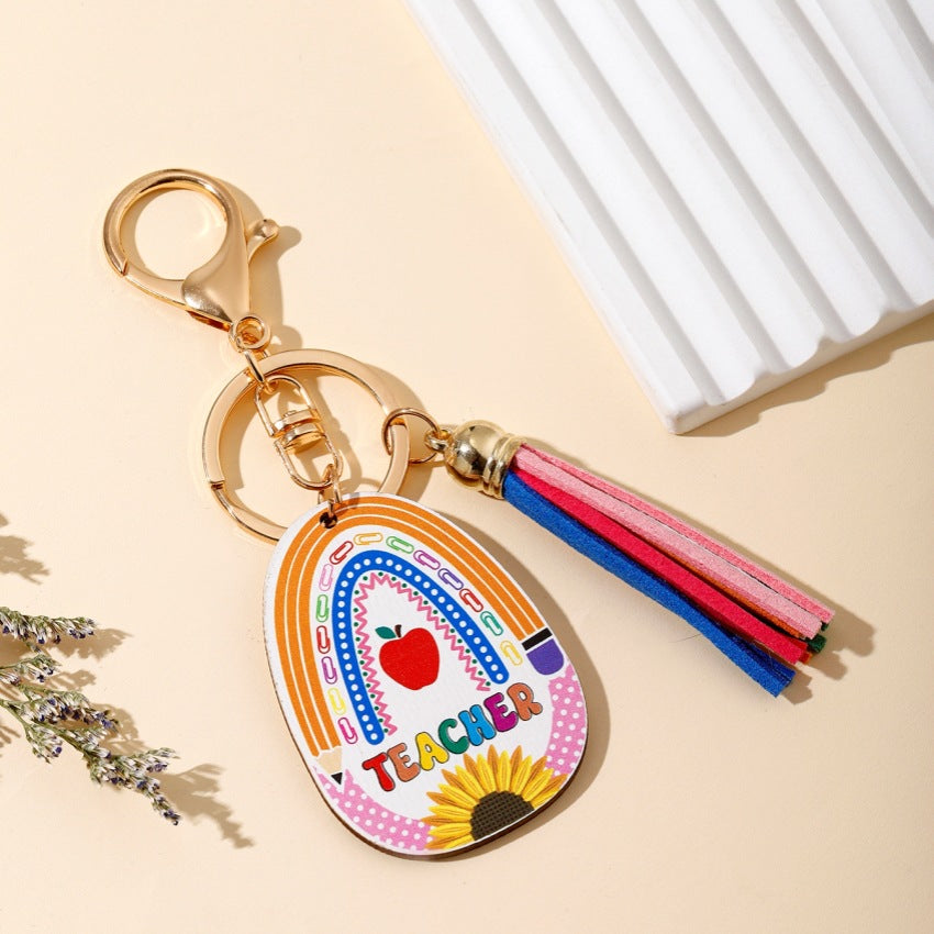 Wholesale Graduation Season Gift Teacher Rainbow Wooden Tag Tassel Keychain