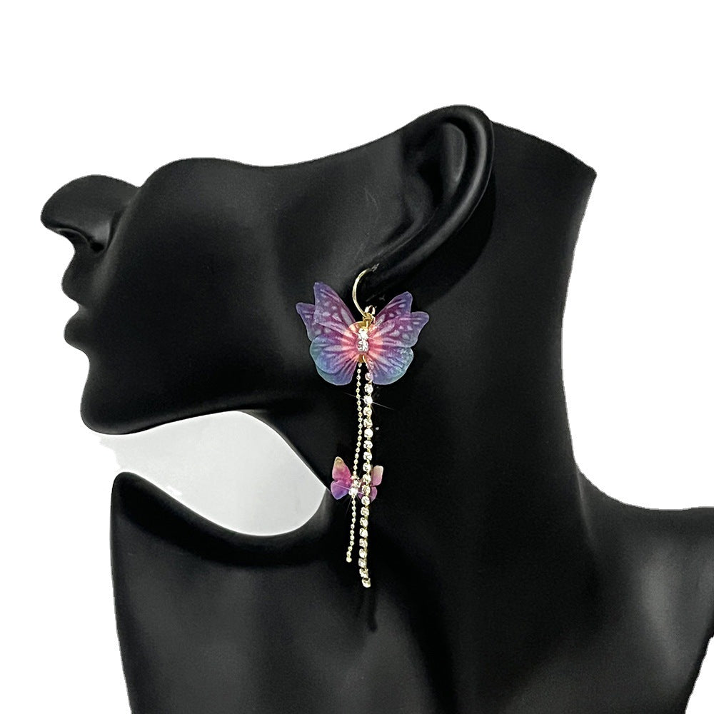 Wholesale Colored Organza Tassels Butterfly Micro-paved Rhinestone Long Earrings