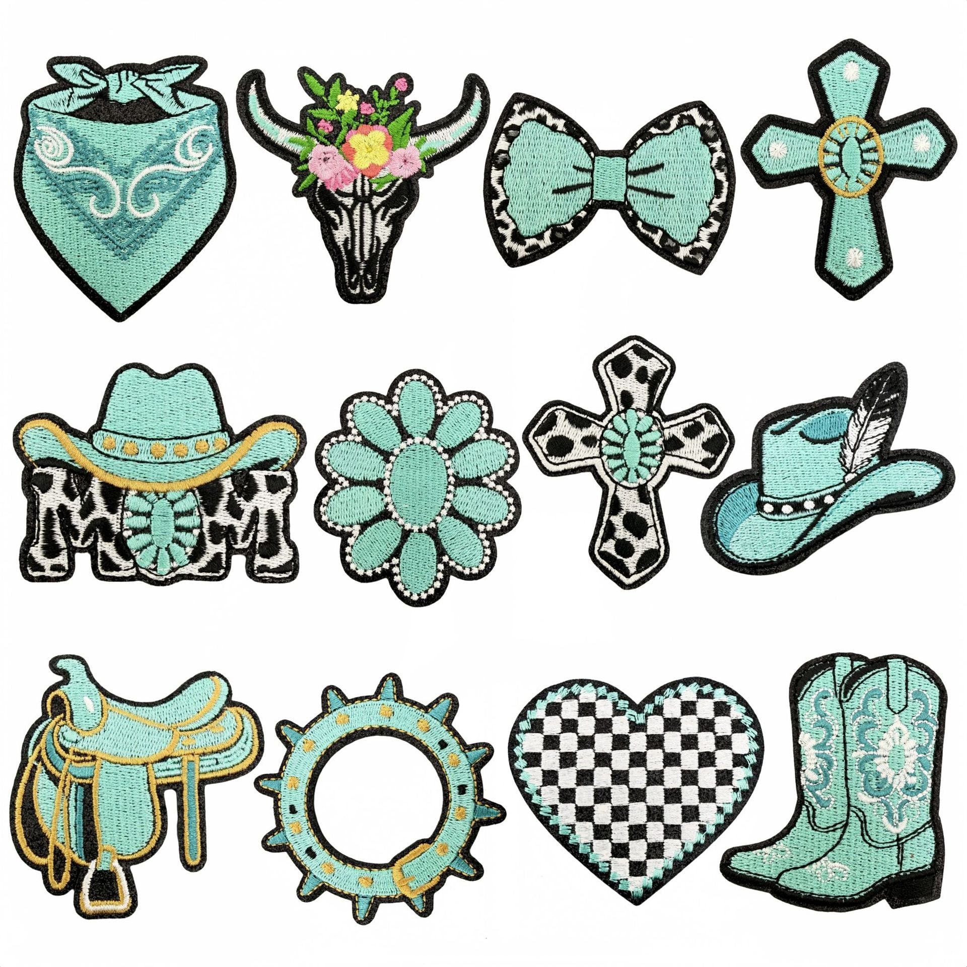 Wholesale Turquoise Western Cowboy Embroidered Iron On Patches Leopard Bow Plaid Heart Designs DIY Decorative Accent For Shoes Hats Everyday Use