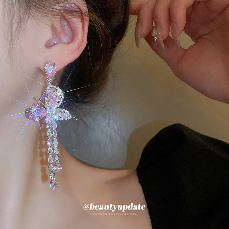 Wholesale Silver zircon pink butterfly water drop sweet long tassel earrings