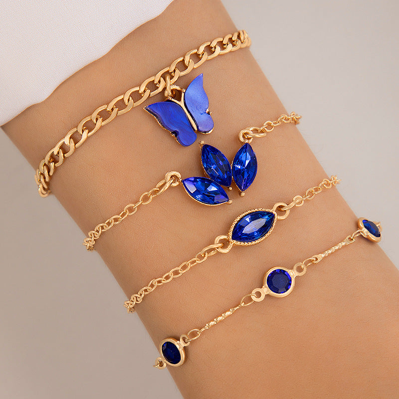 Wholesale Blue Butterfly Diamond-Encrusted Hollow Four-Layer Bracelet Geometric Open