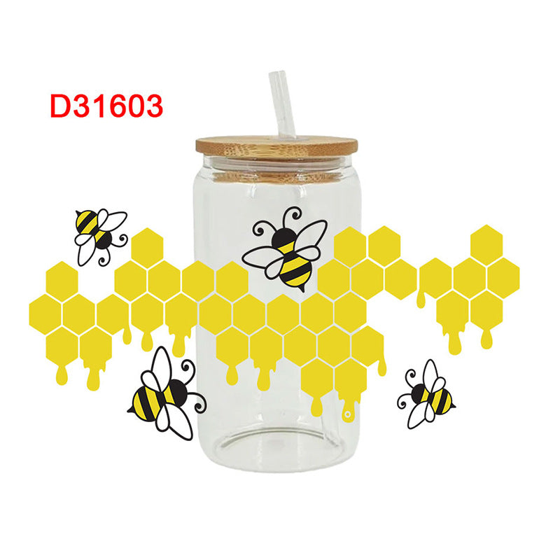 Wholesale Colorful bee flowers 16oz Cup UV DTF Wraps