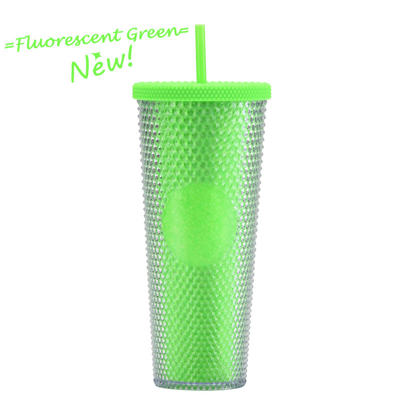 Wholesale Double-layer Plastic 710ml Durian Prick Hand Luminous Color Changing Rainbow Gradient Straw Cup