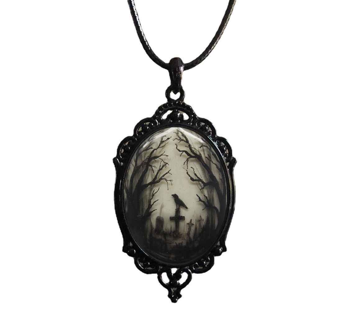 Wholesale Gothic Raven Cross Glass Pendant Alloy Necklaces