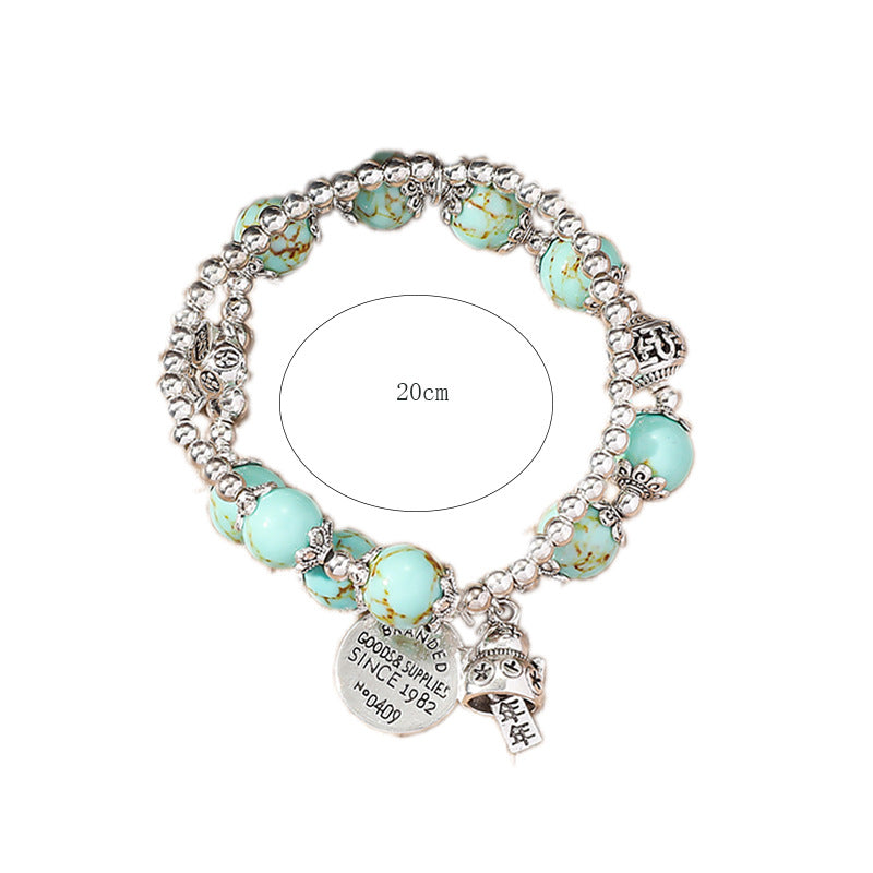 Wholesale Vintage Double Layer Tibetan Silver Cat's Eye Stone Vintage Ethnic Style Fortune-Winning Crystal Bracelet
