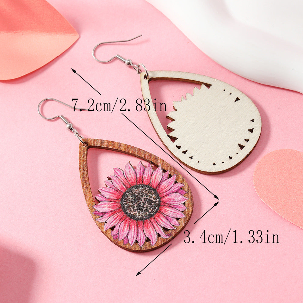 Wholesale Valentine's Day Sunflower Balloon Droplet Shaped Pendant Wooden Earrings