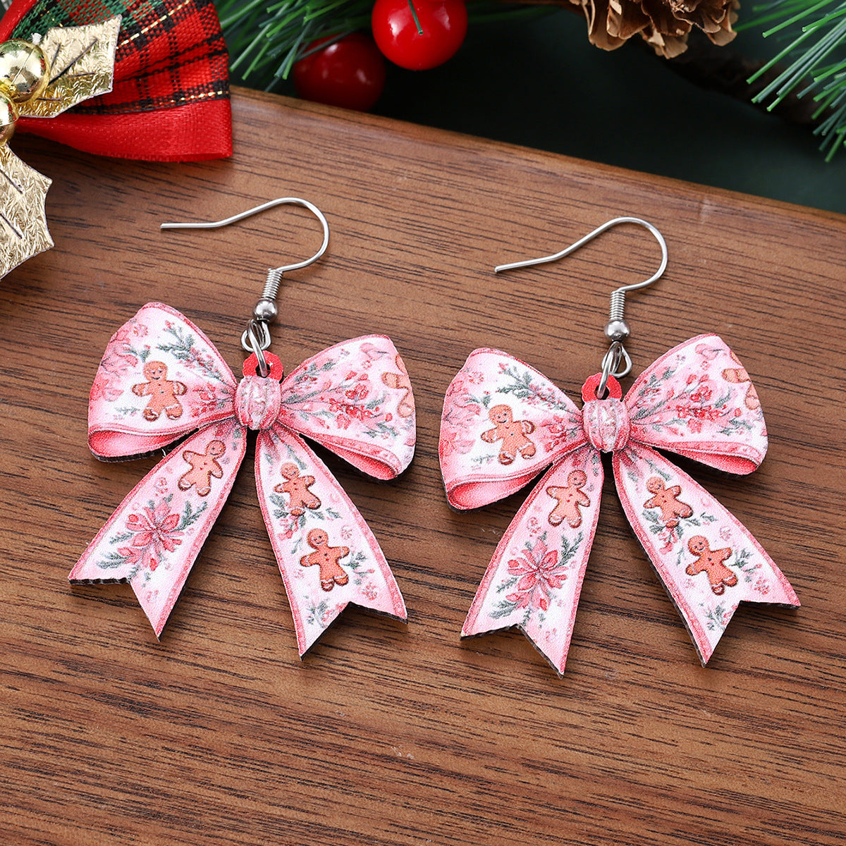 Wholesale Christmas Bow Pendant Wooden Double-Sided Earrings