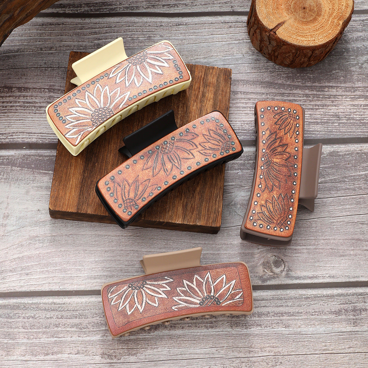 Wholesale leather hair clip with sunflower pattern claw clip shark clip