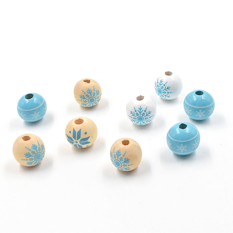 Wholesale 10pcs  Christmas Snowflake Wood Beads 16MM Colorful Printed Beads  Wood Beads