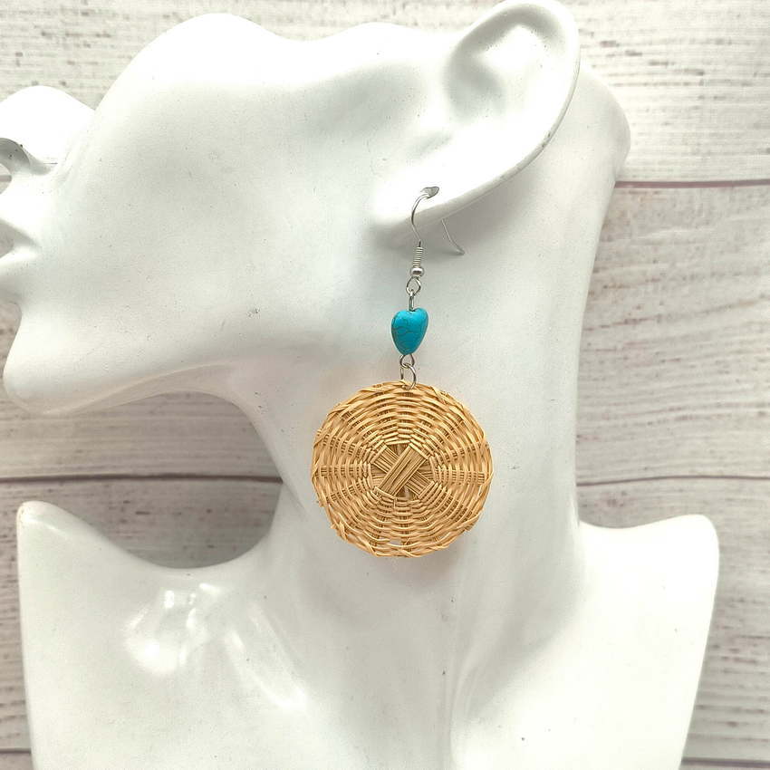 Wholesale Straw and rattan round turquoise long alloy earrings