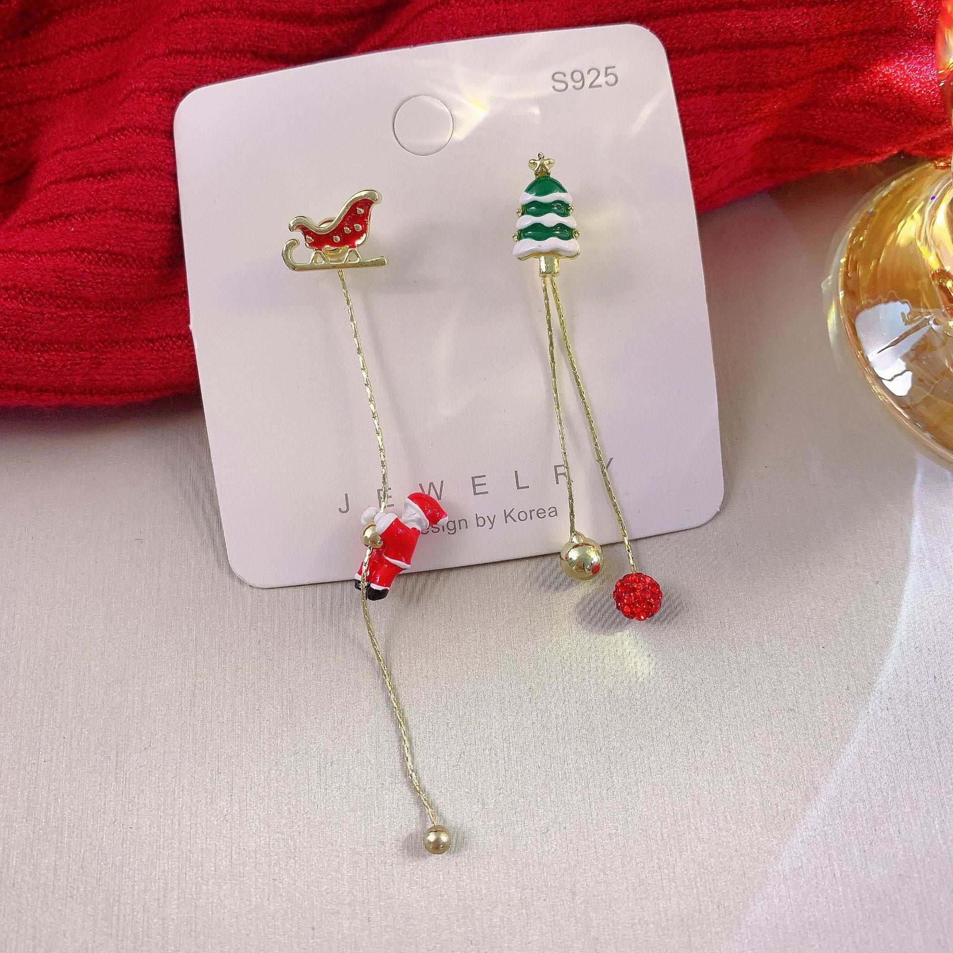 Wholesale Christmas Silver Needle Studded Diamond Oil Drip Asymmetric Tassel Earrings