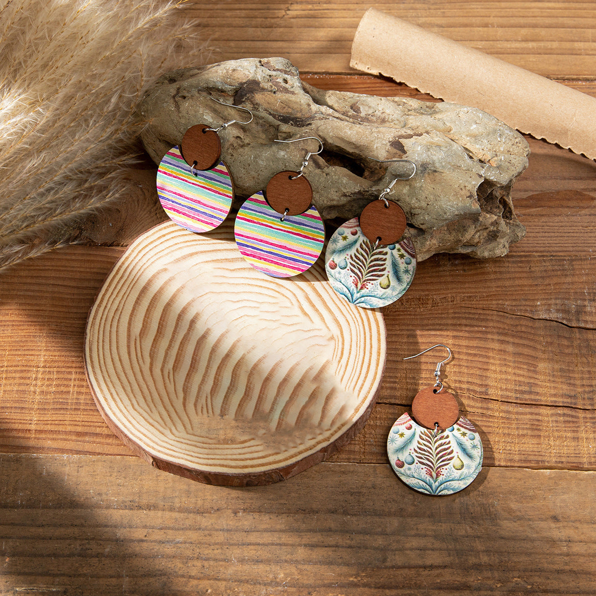 Wholesale Exaggerated Boho Wooden Round Earrings