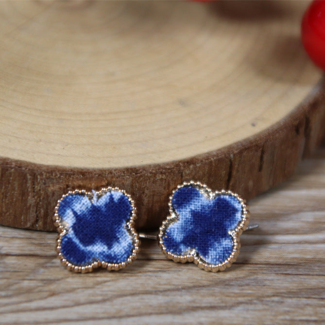 Wholesale Blue Dyed Tie-dye Retro Ethnic Literary Plant Fabric Earrings S925 Silver