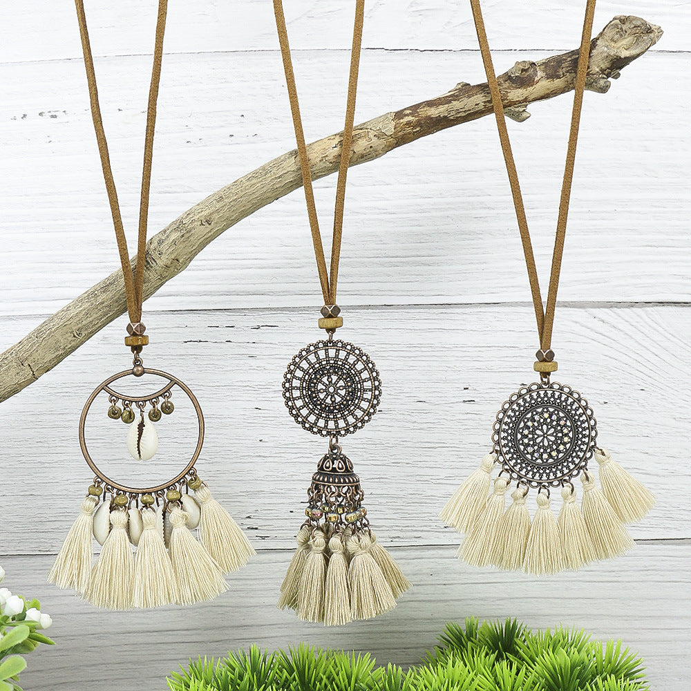 Wholesale Bohemian Tassel Flower Pendant Long Alloy Necklace