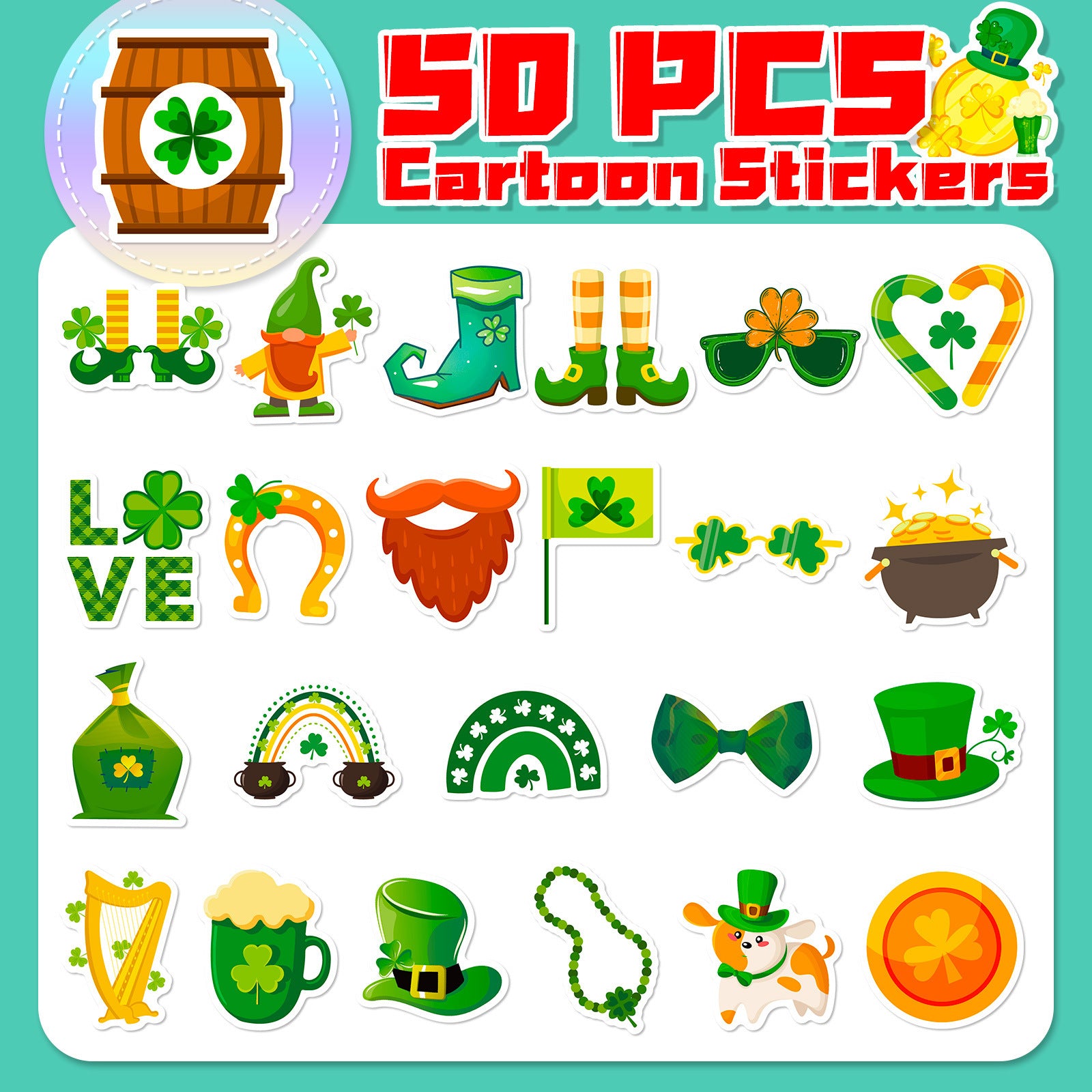 Wholesale 50pcs St.  Patrick' s Theme Clover Hat Party Waterproof Vinyl Stickers