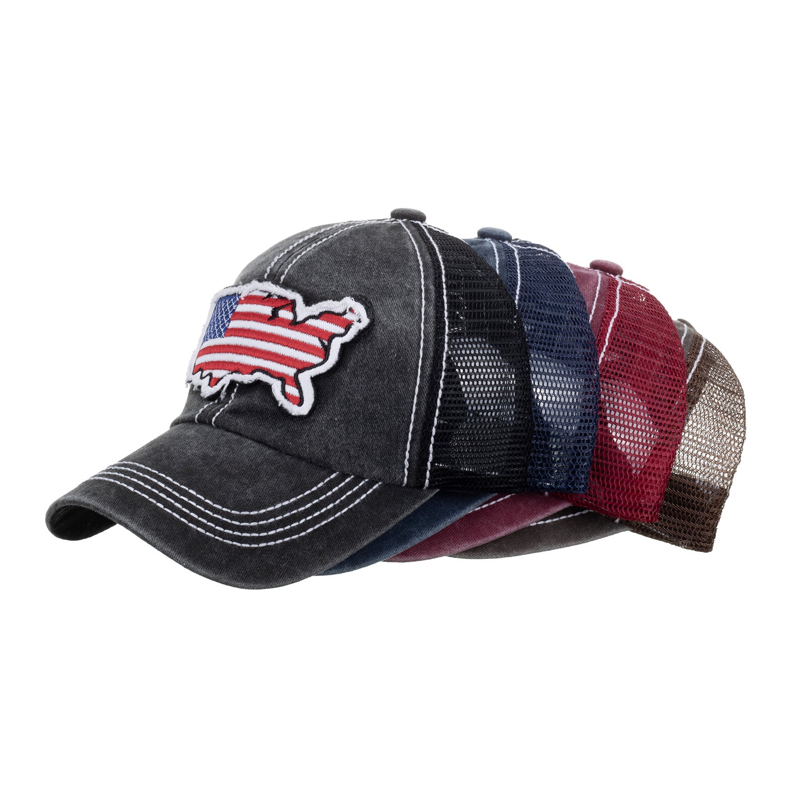 Wholesale Washed Flag Applique Embroidered Baseball Mesh Cap