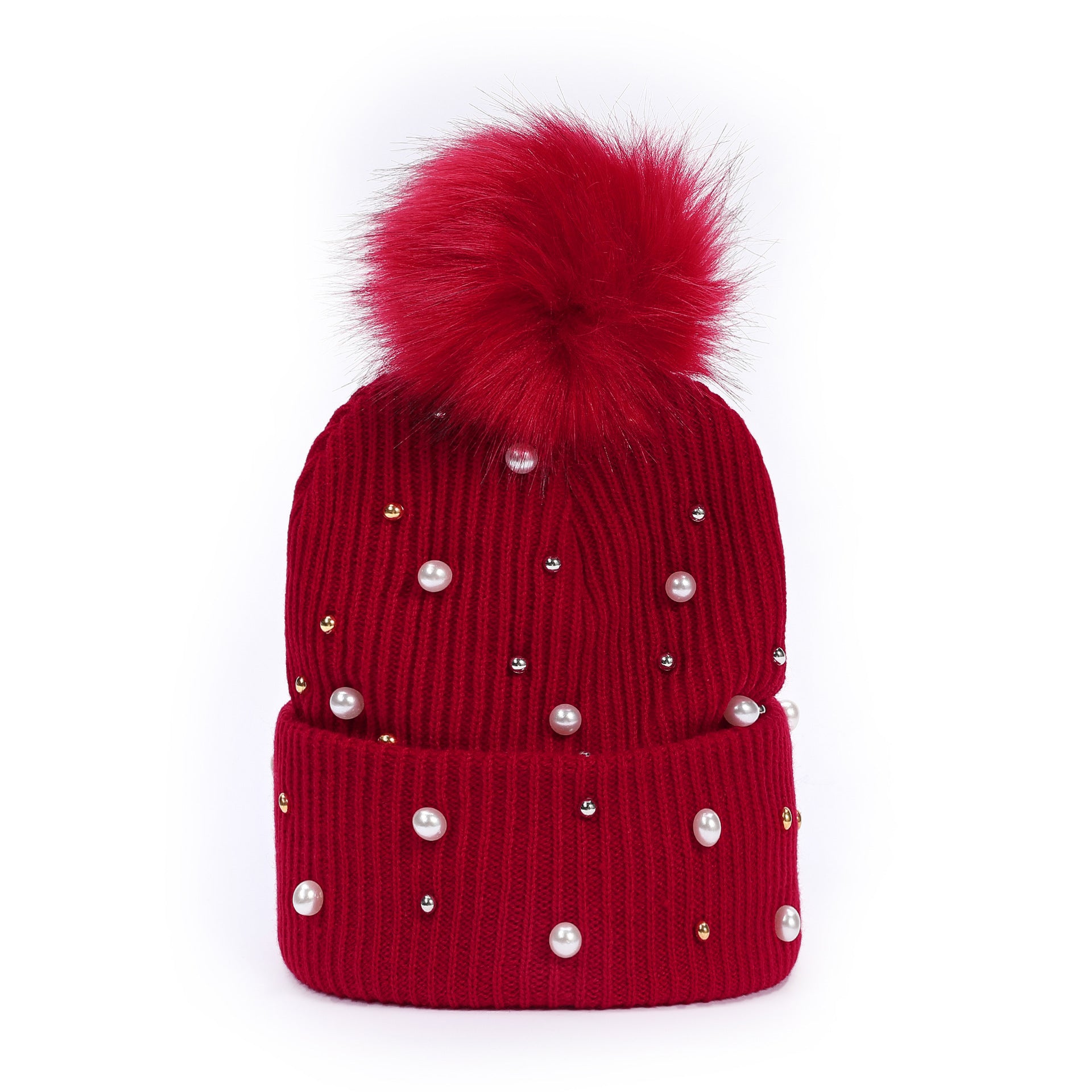 Wholesale Rivet Pearl Woolen Hat Fur Ball Cap Warm Hat