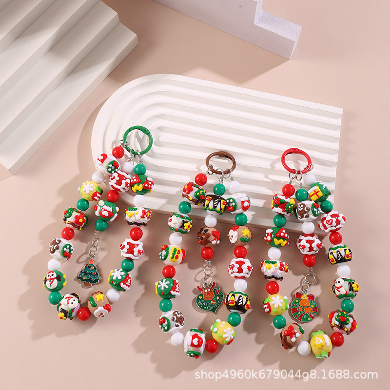 Wholesale Acrylic Beaded Keychain Christmas Santa Elk Cartoon Charm For Bag Car Key Decorative