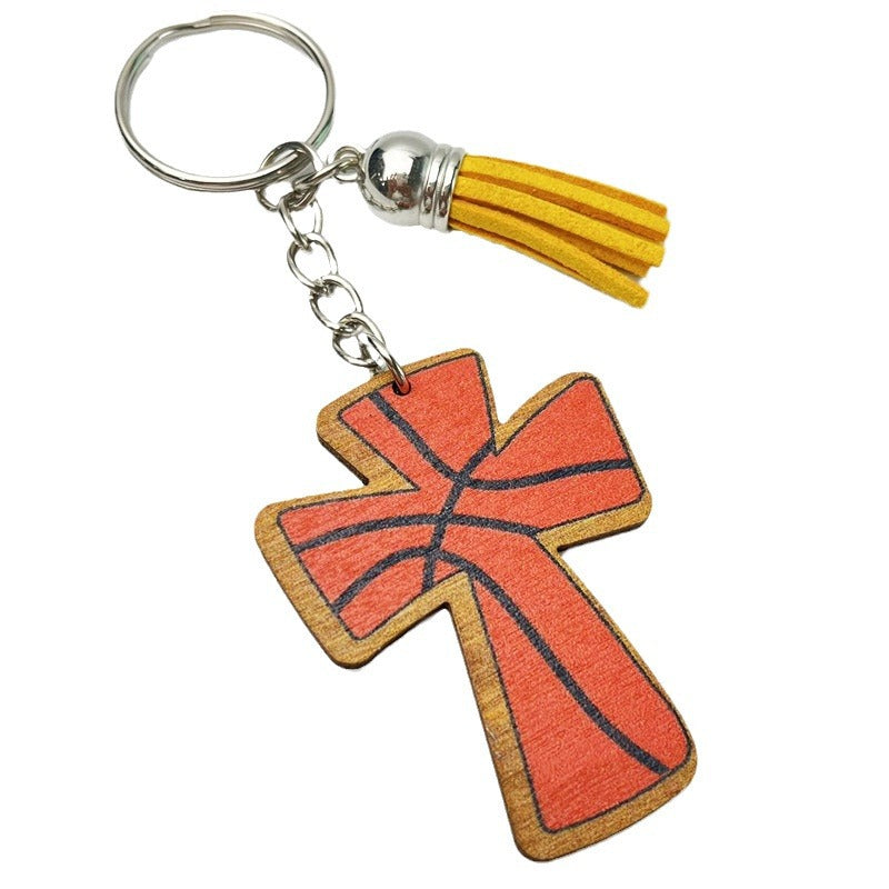 Wholesale 2pcs Football Basketball Faith Cross Wooden Vintage Keychain