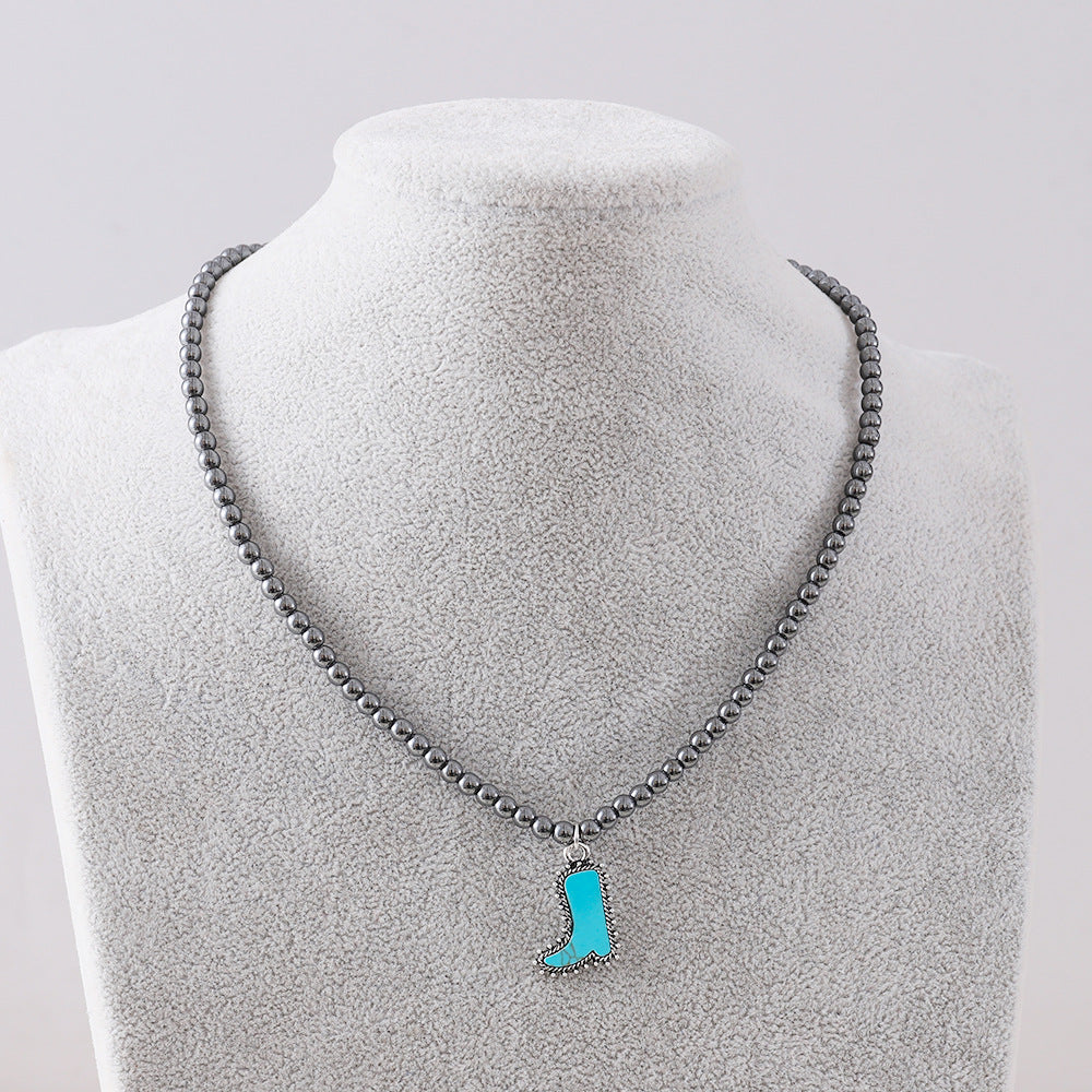 Wholesale Popular Fashion Elegant Black Ball Bead Necklace Women's Cowboy Boots Bull Head Five-Pointed Star Jewelry