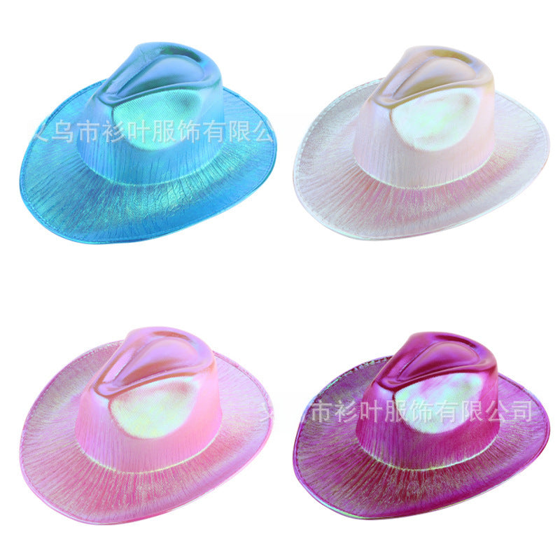 Wholesale Halloween Party Pink Fluorescent Colorful Denim Cowboy Hat Laser Combination Style Phantom Cowboy Hat Adult Costume Accessory
